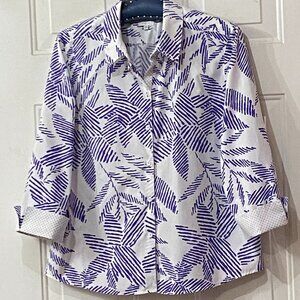 Foxcroft Wrinkle Free Sz 16P Blouse Shirt 3/4 Sleeve White/Purple Graphic Floral